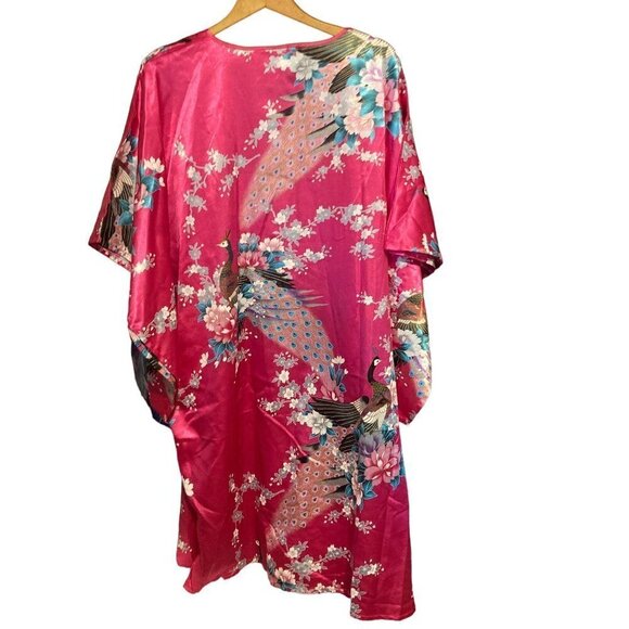 Zhi Cheng Patio Dress Caftan Peacock  Pink Floral Kimono Satin Pullover Size OS - Picture 2 of 5